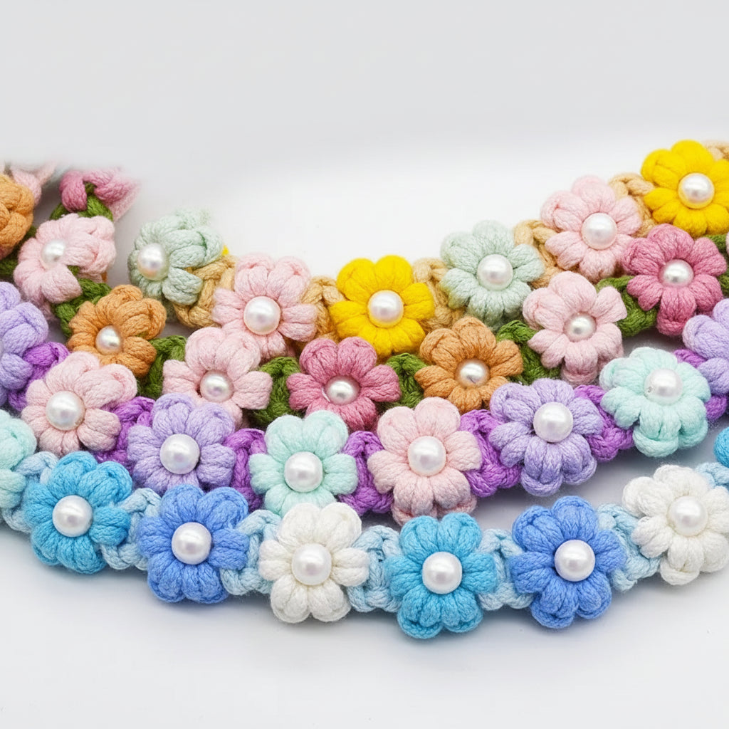 Laisse pour chien en coton multicolore ornée de fleurs et perles pour une promenade élégante