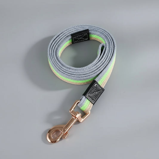 Laisse pour chien tissu gris avec bande verte et boucle métal doré de la marque Oscar et Plume