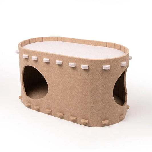Lit cocon pour chat beige en tissu avec deux ouvertures ovales pour petit animal