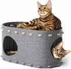 Lit cocon pour chat gris avec deux chats tigrés confortablement installés dedans