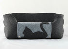 Lit douillet pour chat en feutre noir et gris avec silhouette de chat appliquée