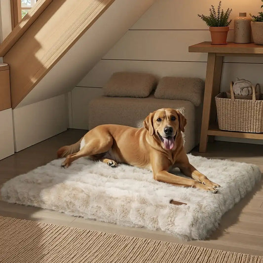 Chien allongé sur un lit moelleux pour chien beige en fausse fourrure dans une chambre cosy mansardée