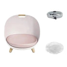 Lit multifonction pour chat Oscar et Plume blanc avec coussin rose, harnais gris et tapis douillet