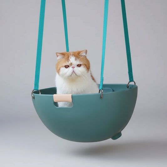 Lit multifonction pour chat suspendu avec chat blanc et marron assis confortablement dedans