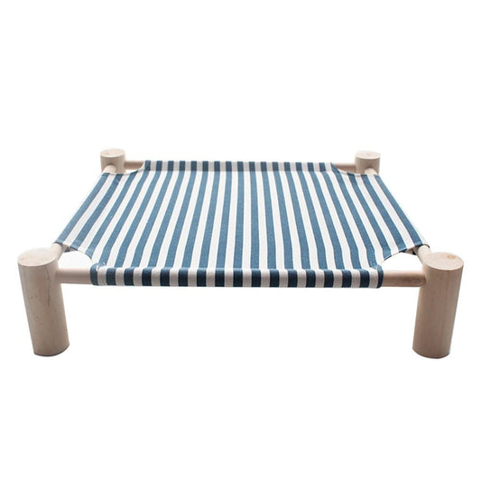 Lit pour chat en bois avec toile rayée bleue et blanche pour confort et style