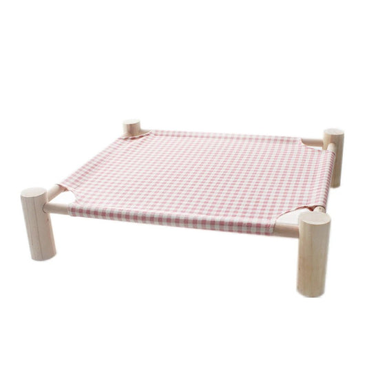 Lit pour chat en bois avec toile à carreaux rouges et blancs pour animaux confortables