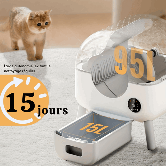 Litière automatique pour chat Oscar et Plume avec grande autonomie de 15 jours et capacité de 9,5 litres