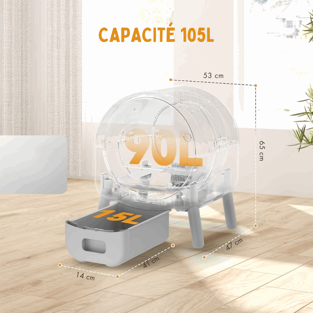 Litière automatique pour chat transparente Oscar et Plume avec capacité totale de 105 litres et tiroir amovible