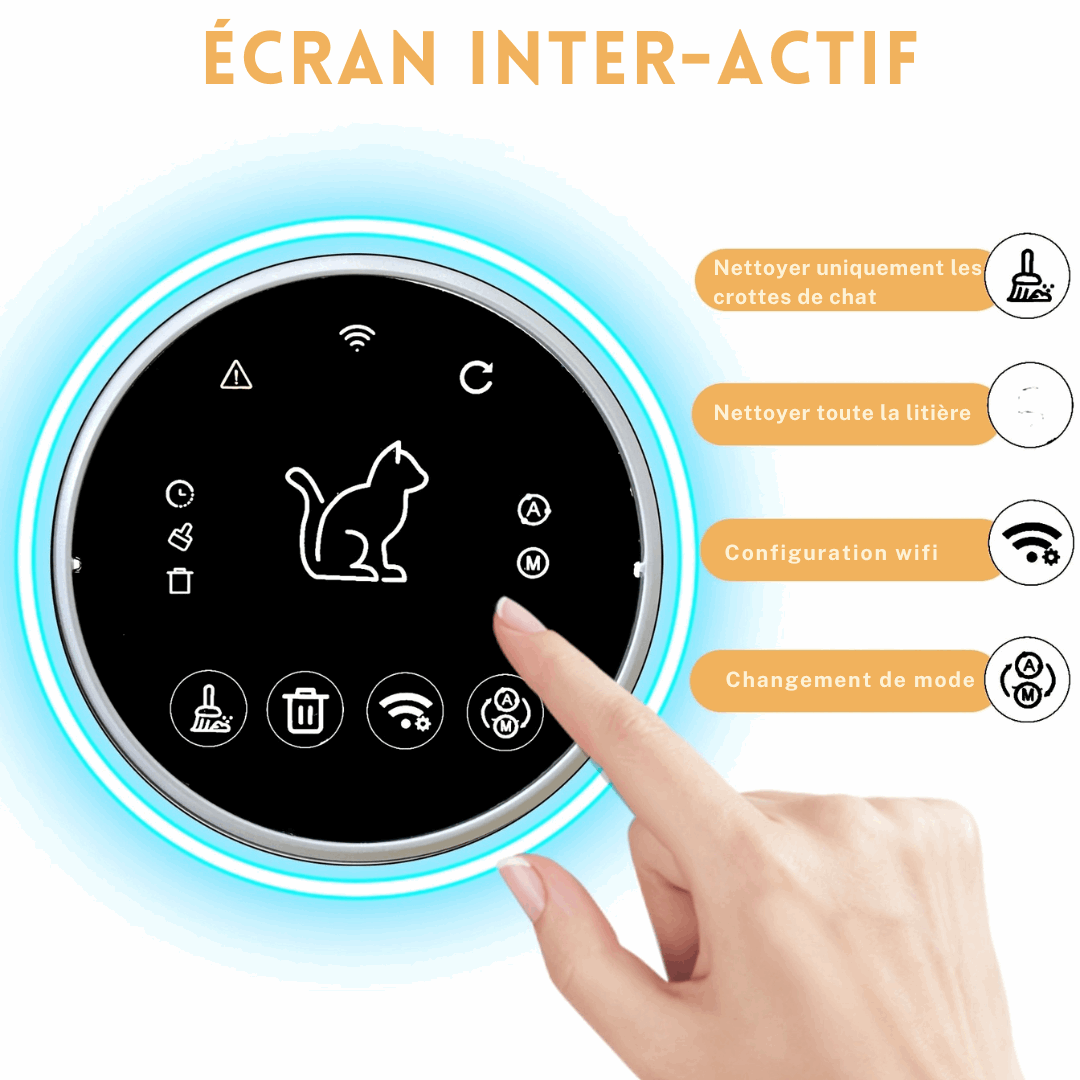Écran interactif de la litière automatique pour chat avec options de nettoyage et configuration wifi