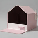 Litière design chat Oscar et Plume en forme de maison rose avec dimensions visibles