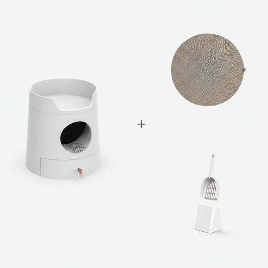 Litière design pour chat blanche Oscar et Plume avec tapis et pelle à litière assortis