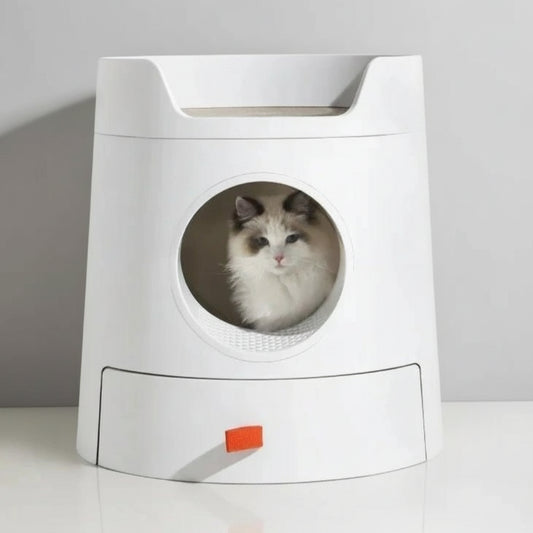 Litière design pour chat blanche moderne avec ouverture circulaire et tiroir de nettoyage