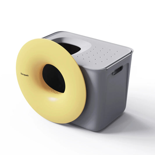 Litière design pour chat avec couvercle en forme de corolle et coloris jaune éclatant