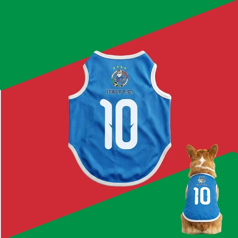 Maillot de football pour chien bleu avec le numéro 10 et logo d'Italie F.C.