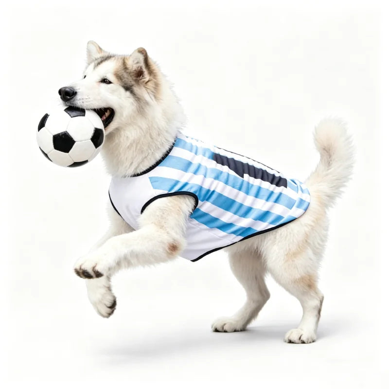 Chien portant un maillot football pour chien rayé bleu et blanc, tenant un ballon de foot