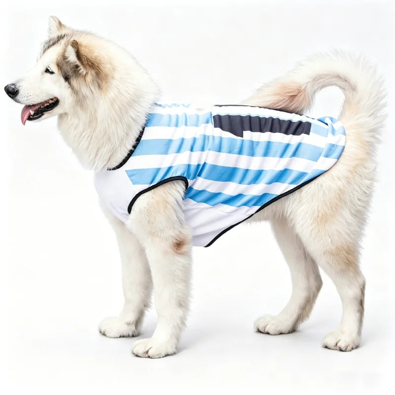 Maillot football pour chien bleu et blanc avec designs à rayures pour le confort de votre animal