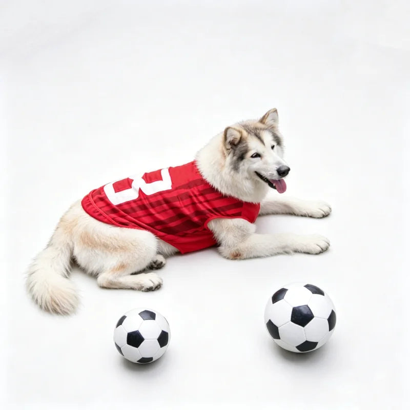 Chien heureux en maillot football pour chien rouge avec deux ballons de football sur un fond blanc