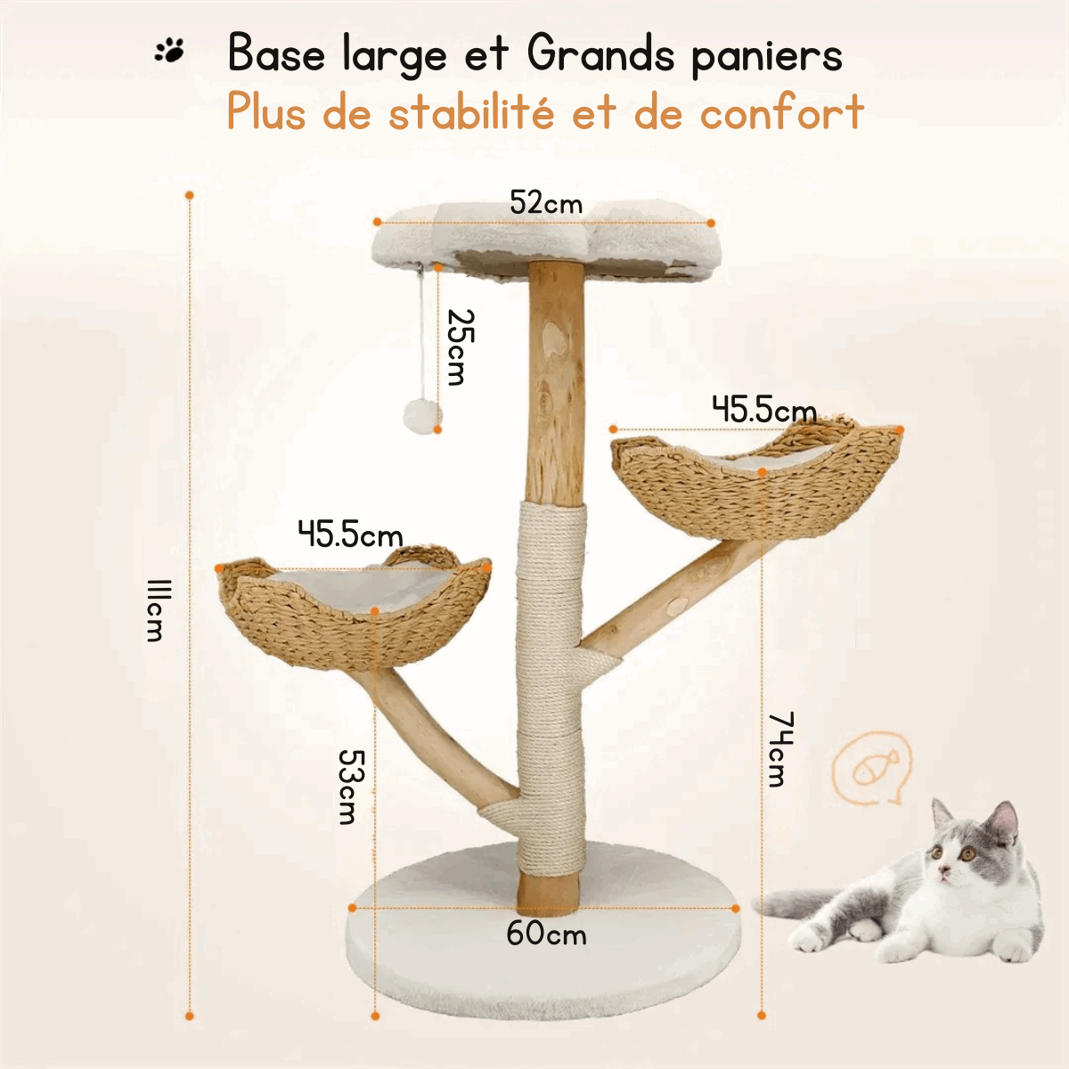 Oscar et Plume arbre à chat en bois massif avec deux paniers tressés et plateforme rembourrée 111 cm de hauteur