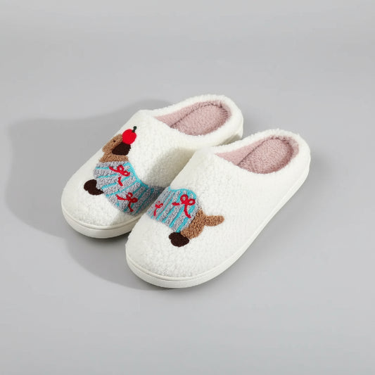 Chaussons chien teckel en fausse fourrure blanche brodés avec pull bleu et doublure rose