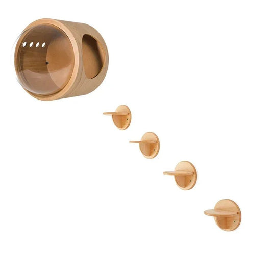 Maison design pour chat en bois clair avec capsule transparente et étagères murales escalier