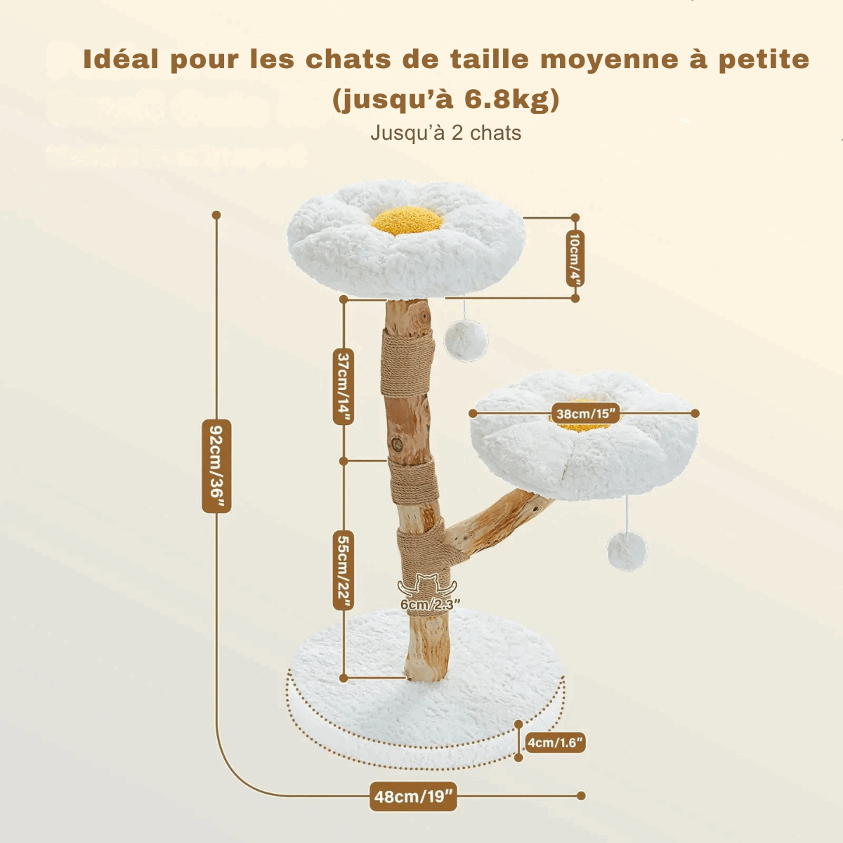 arbre à chat en bois Oscar et Plume avec tronc naturel, 2 plateformes fleur en peluche, griffoir sisal, base ronde