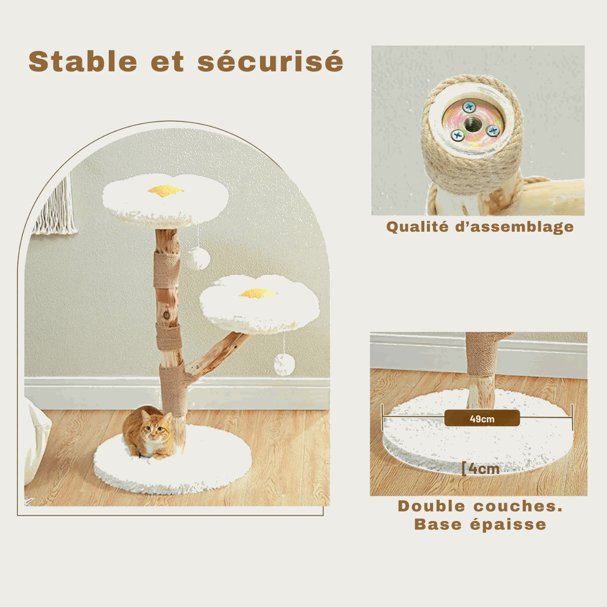 Oscar et Plume arbre à chat en bois avec deux plateformes florales peluche base ronde épaisse et stable
