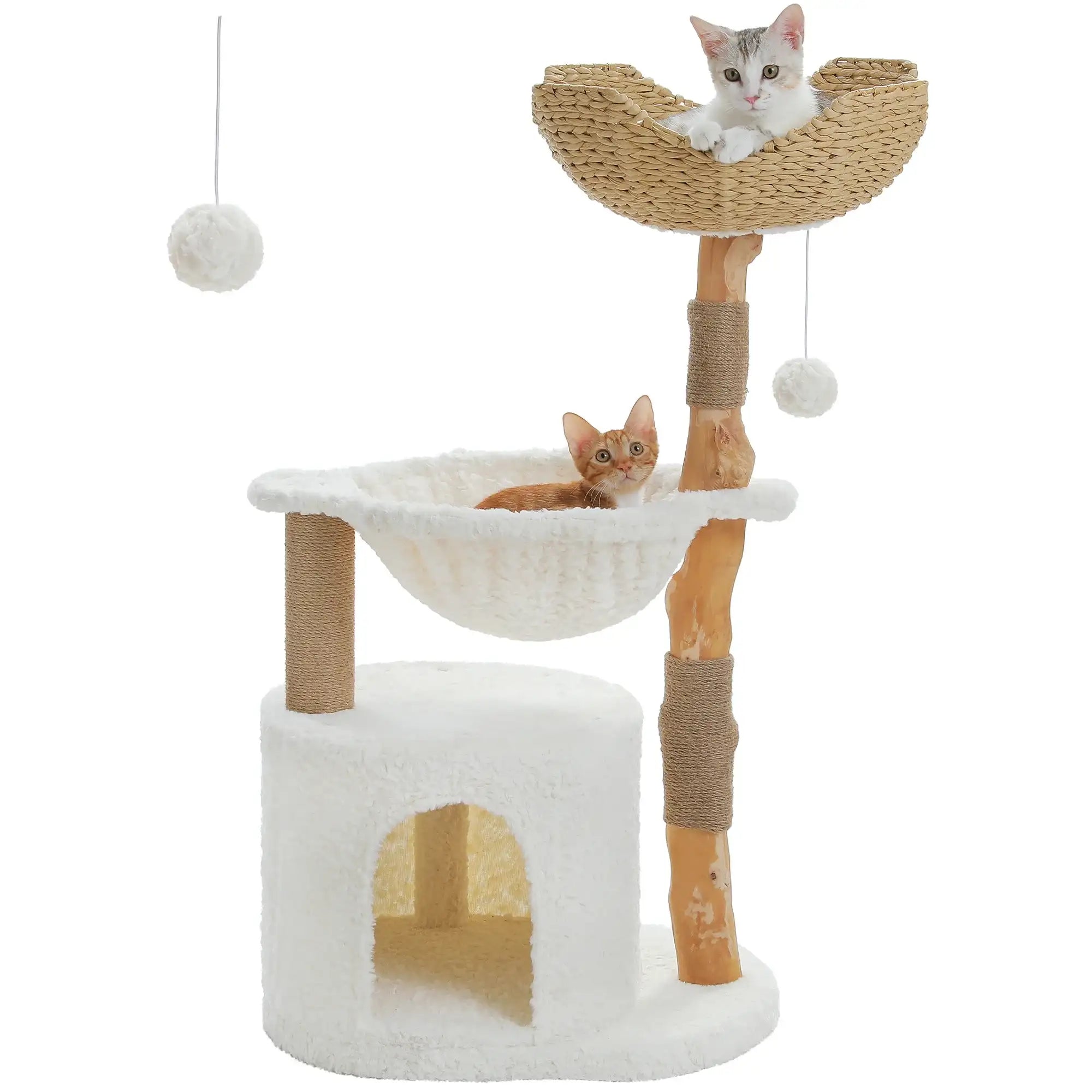 arbre à chat en bois naturel Oscar et Plume avec hamac blanc panier tressé jouets suspendus et deux chatons