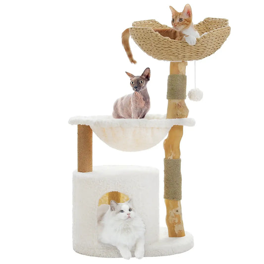 arbre à chat en bois naturel Oscar et Plume tour à étages avec panier tressé hamac en peluche et deux poteaux à griffer