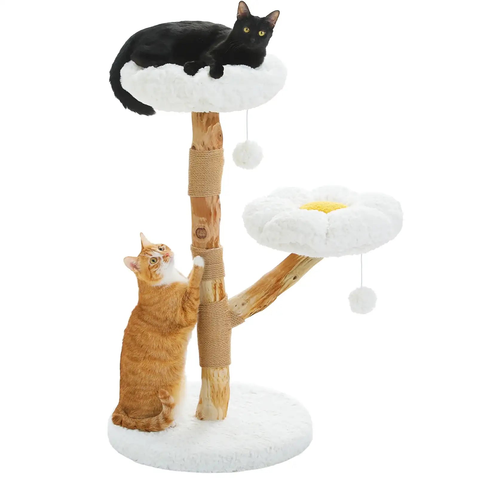 arbre à chat en bois Oscar et Plume avec plateformes fleur rembourrées blanches poteaux griffoirs et jouets pendants