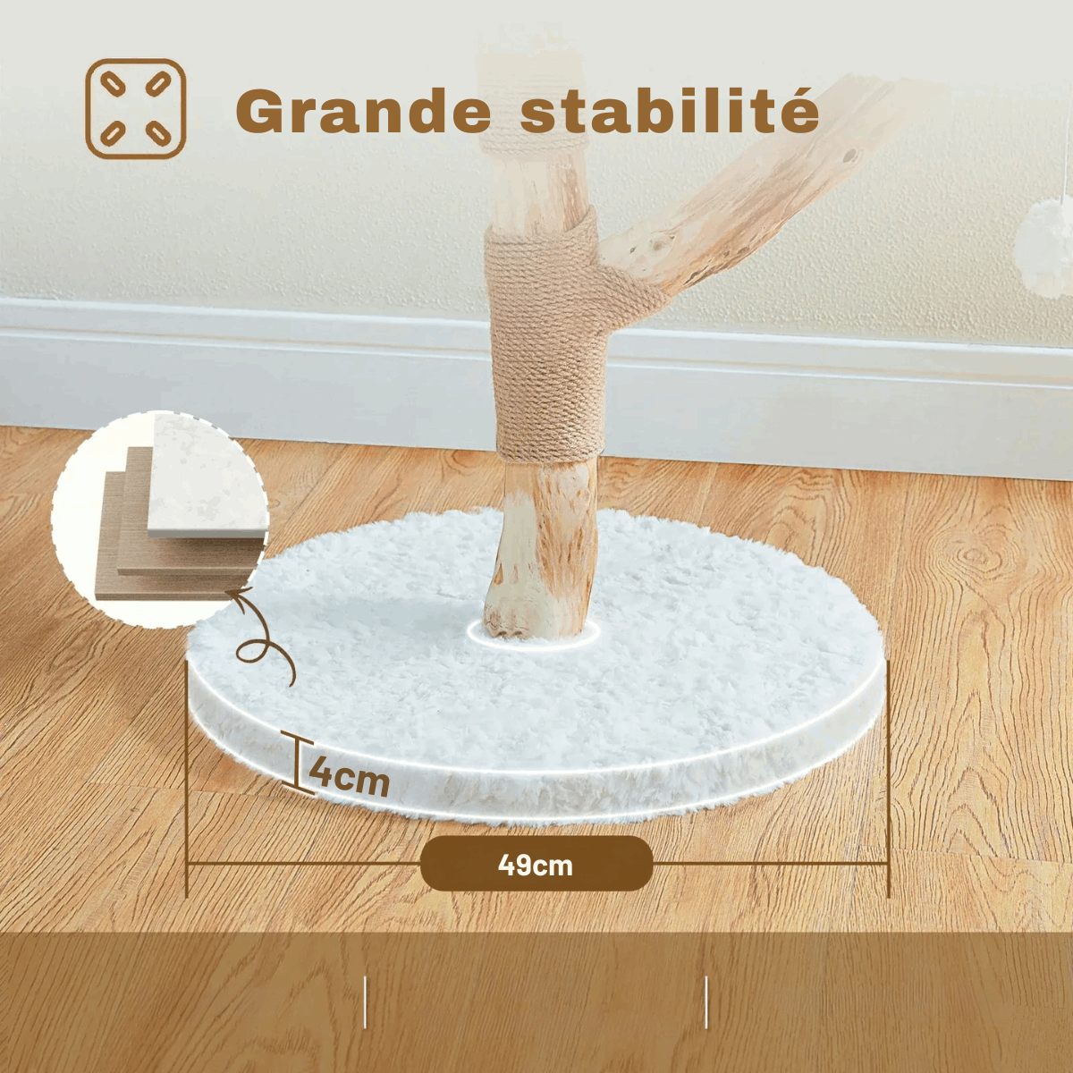 Base ronde en peluche 49 cm et tronc en bois enveloppé de sisal montrant grande stabilité pour arbre à chat en bois
