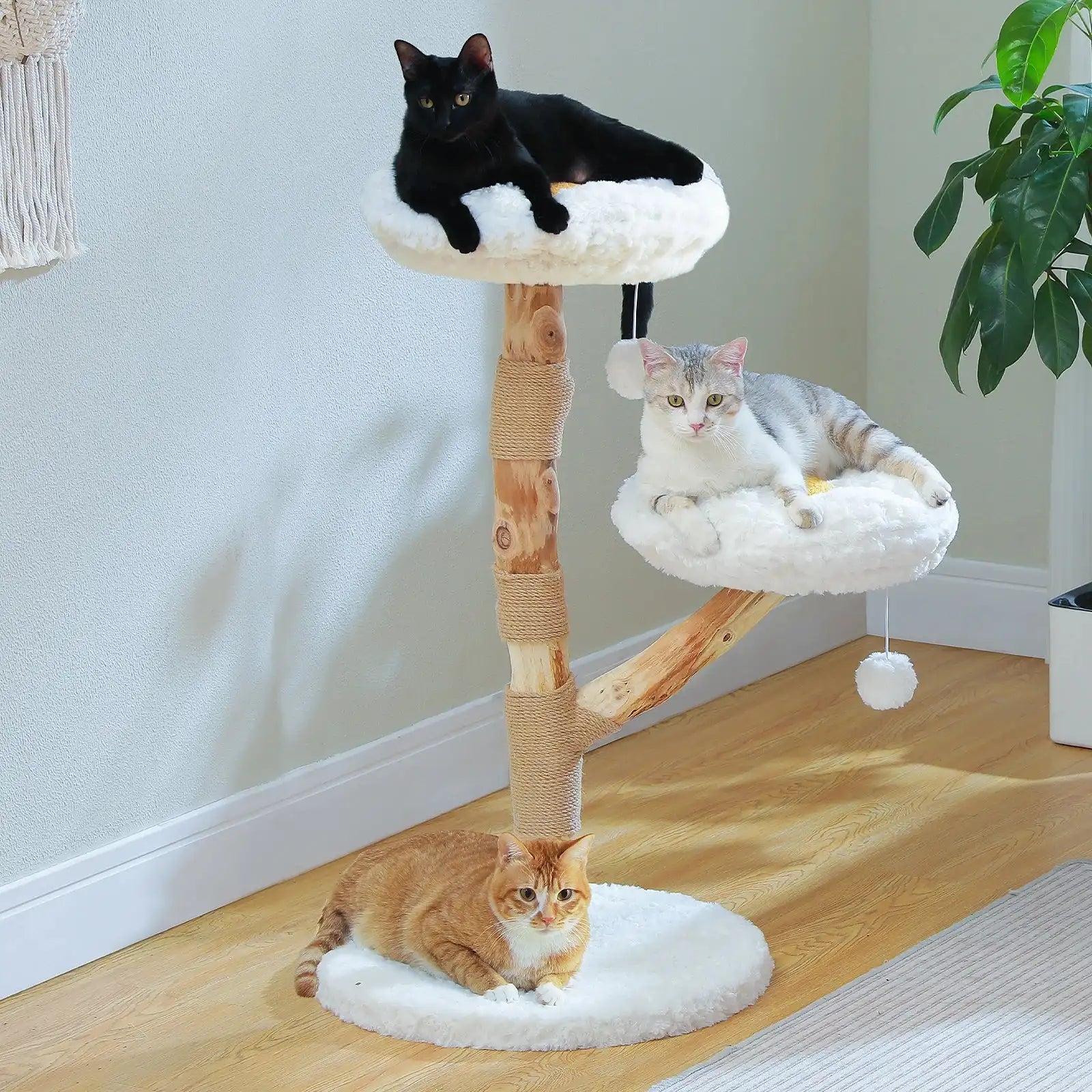 arbre à chat en bois Oscar et Plume avec trois plateaux peluche blanche, poteaux en sisal et base compacte pour chats