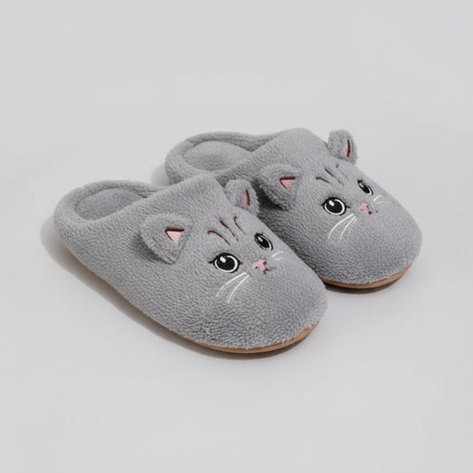 Oscar et Plume chaussons chat pour adulte gris en peluche doublure chaude semelle antiderapante
