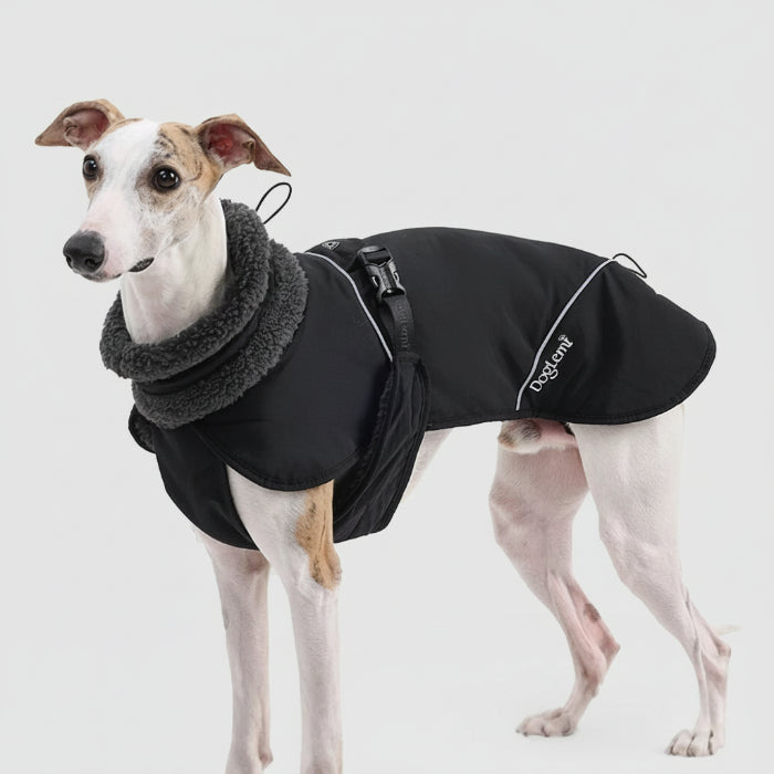 Manteau chaud pour lévrier en noir avec col en faux fourrure pour garder votre animal au chaud