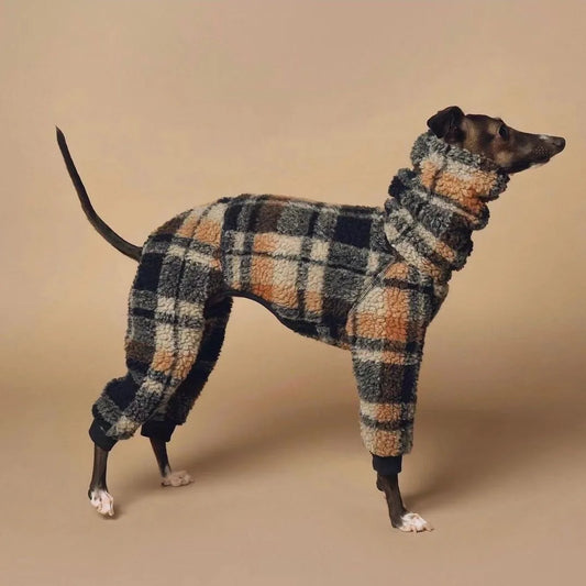 Manteau chaud pour whippet à carreaux gris, beige et noir signé Oscar et Plume, conçu pour confort et style