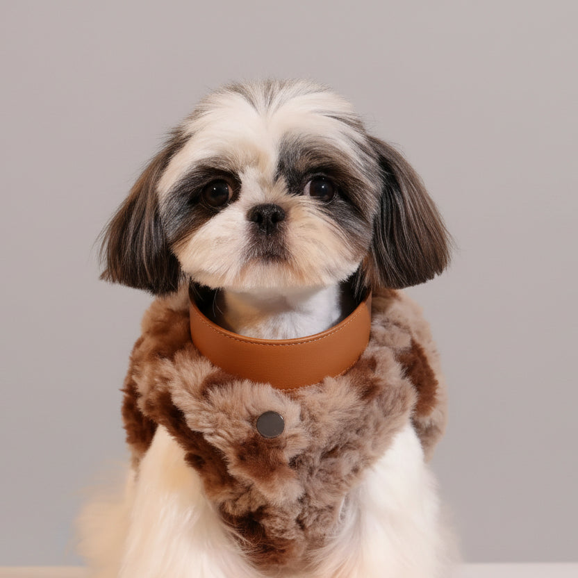 Manteau fausse fourrure pour petit chien avec col en cuir et design élégant