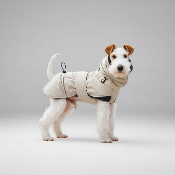Manteau imperméable pour chien Oscar et Plume en couleur beige, parfait pour les promenades sous la pluie