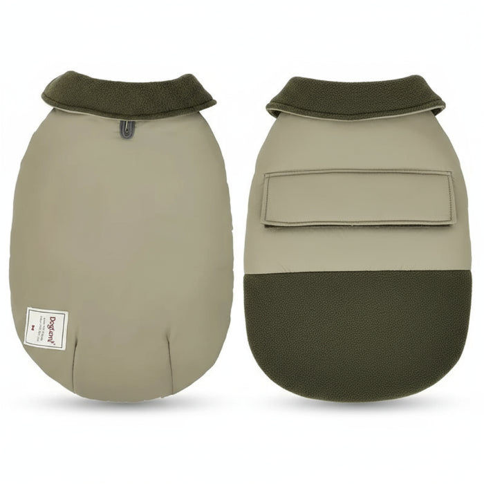 Manteau imperméable pour chien beige avec doublure en polaire et fermeture réglable