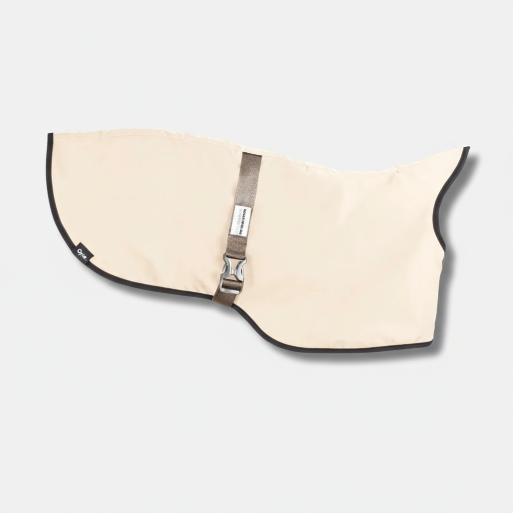 manteau imperméable pour teckel Oscar et Plume beige avec bord noir et sangle à boucle réglable