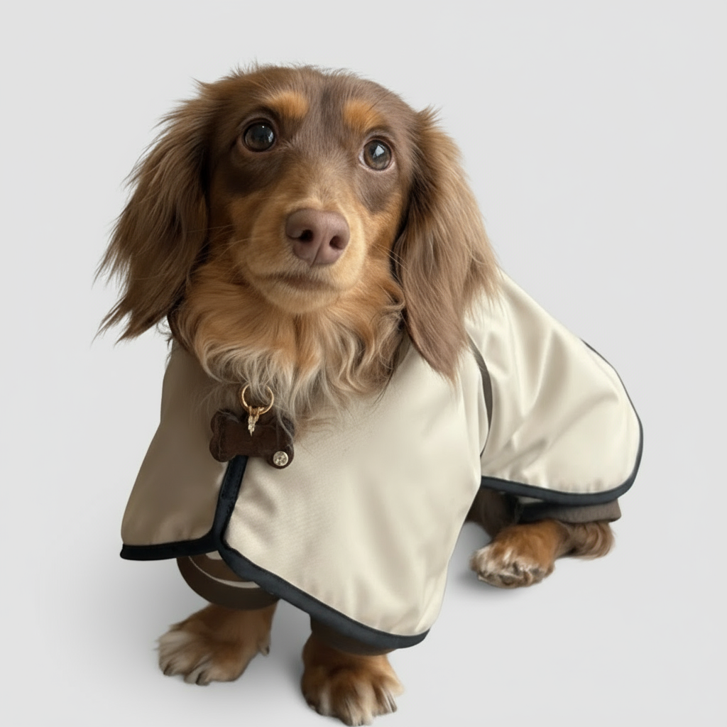 Chien teckel portant un manteau imperméable pour teckel Oscar et Plume beige avec bordure noire assis et regardant vers le haut