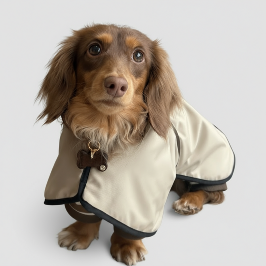 Chien teckel portant un manteau imperméable pour teckel Oscar et Plume beige avec bordure noire assis et regardant vers le haut