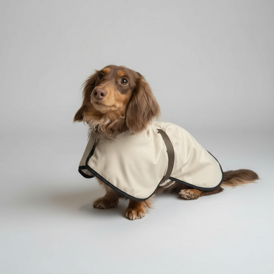 Teckel poil long portant un manteau imperméable pour teckel beige Oscar et Plume avec sangles ajustables et finitions noires