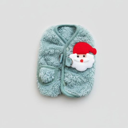 Manteau polaire chien Noël en bleu avec motif de Père Noël, idéal pour les fêtes d'hiver