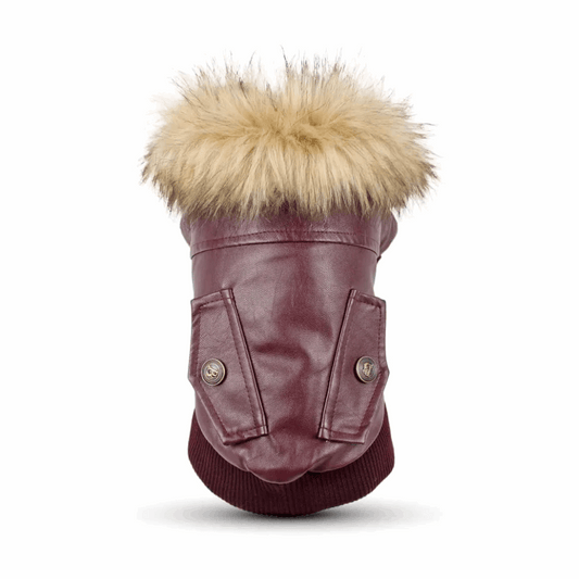 Manteau pour chien en cuir bordeaux avec capuche en fourrure et poches pratiques