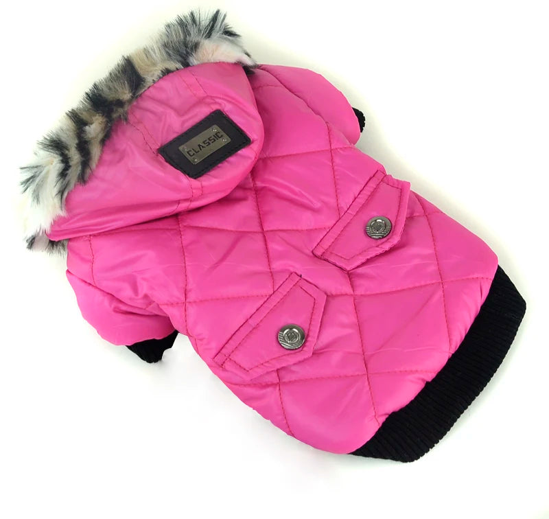 Manteau pour chien avec capuche rose matelassé et fausse fourrure Oscar et Plume