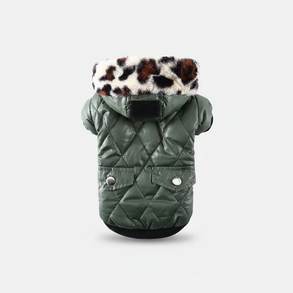 Manteau pour chien avec capuche à fourrure léopard vert matelassé Oscar et Plume