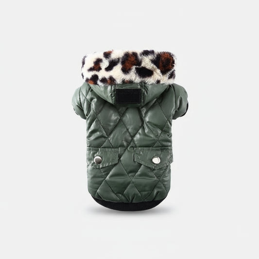 Manteau pour chien avec capuche à fourrure léopard vert matelassé Oscar et Plume