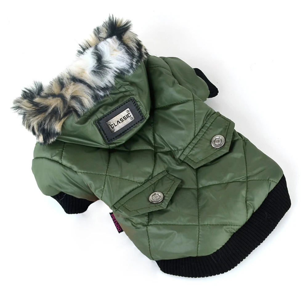 Manteau pour chien avec capuche kaki matelassé et doublure en fausse fourrure signé Oscar et Plume