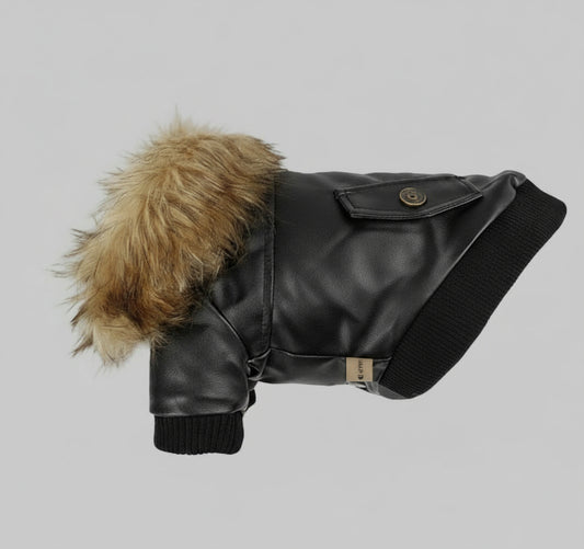 Manteau pour chien en simili cuir noir avec col en fausse fourrure et poignets côtelés