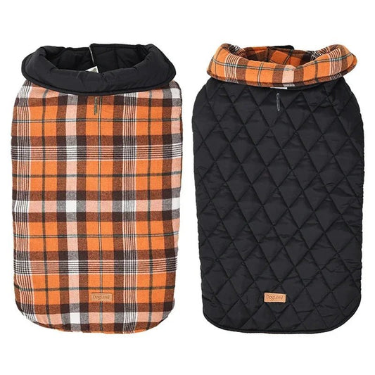 Manteau réversible pour chien Oscar et Plume en tissu matelassé noir et motif écossais orange