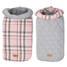 Manteau réversible pour chien Oscar et Plume en tissu matelassé gris et tartan rose